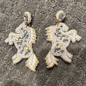 White and Gold Beaded Horse Earrings
